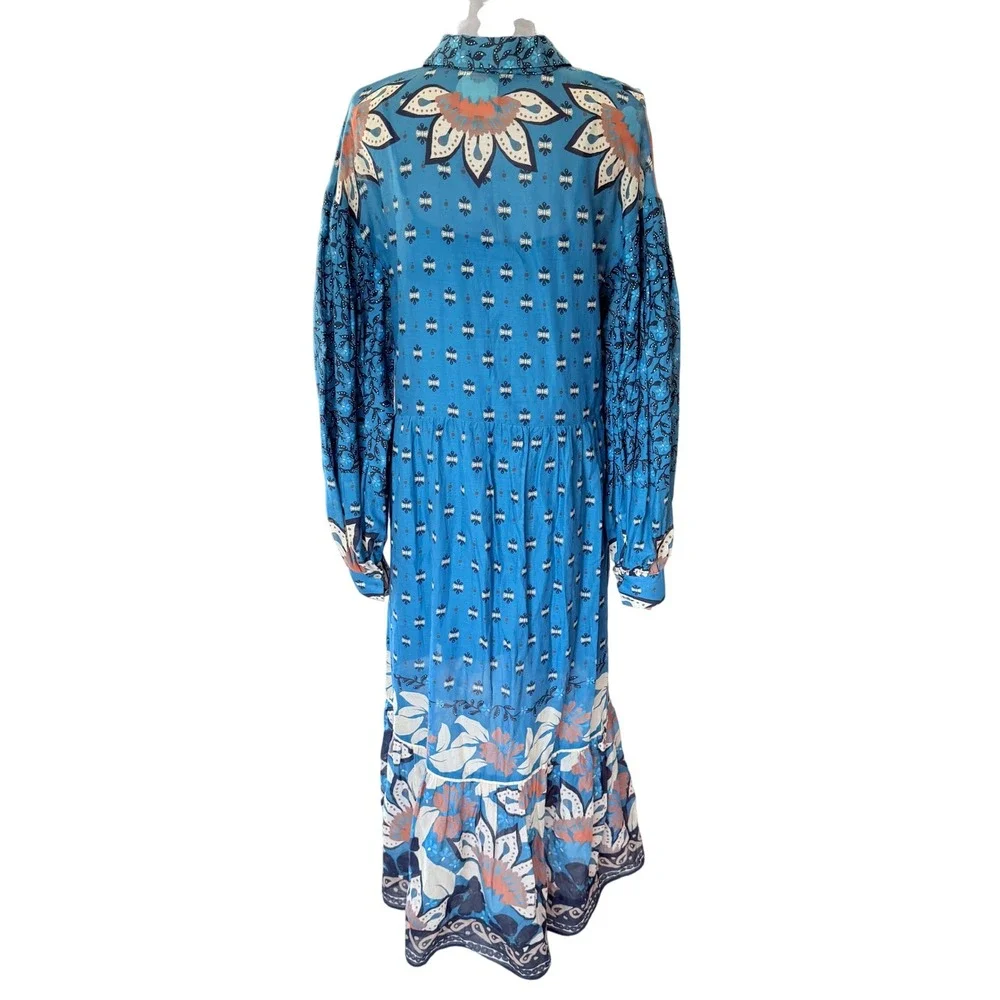Farm Rio Blue Ainika Chill Maxi Shirtdress Pintuck Balloon Sleeve Cotton, L - Picture 4 of 11